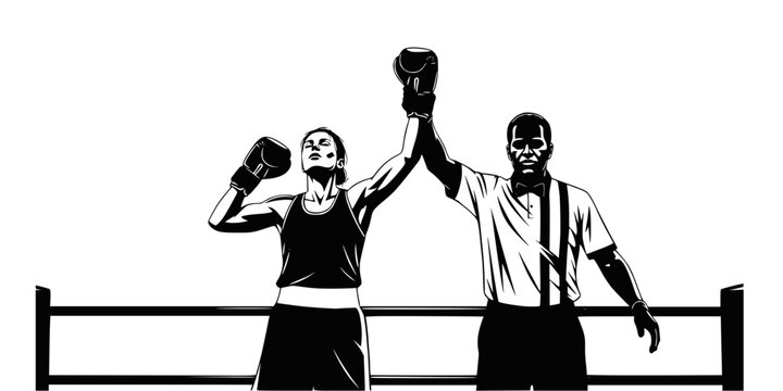Referee Declaring Female Boxer Winner Silhouette Vector