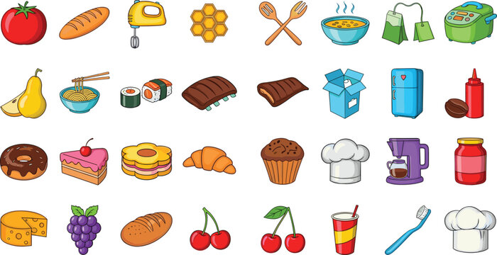 Food and Kitchen Icon Set Featuring Fruits Desserts Sushi Bread Cooking Tools Appliances and Beverages for Culinary Illustration Restaurant Menu and Design Collection.