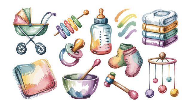 Newborn Necessities: A delightful collection of newborn baby essentials, including a pram, rattle, feeding bottle, diaper stack, pacifier, baby booties, and a mobile, all in a charming, playful style.