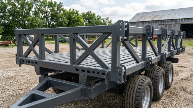 Medium shot of a bare modular implement platform highlighting the sturdy frame and versatile attachment points designed for seamless seasonal customization.