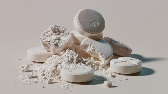 Pile of broken and whole white pills scattered with powder on a light surface
