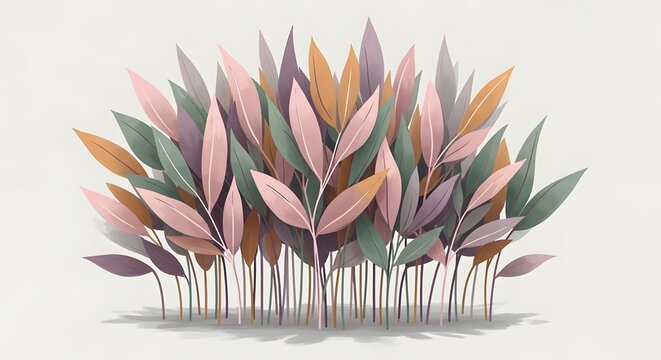 Dense thicket of stylized autumn leaves in warm pastel tones. Nature scene for seasonal home decor. Variety of botanical foliage shapes growing together in a garden