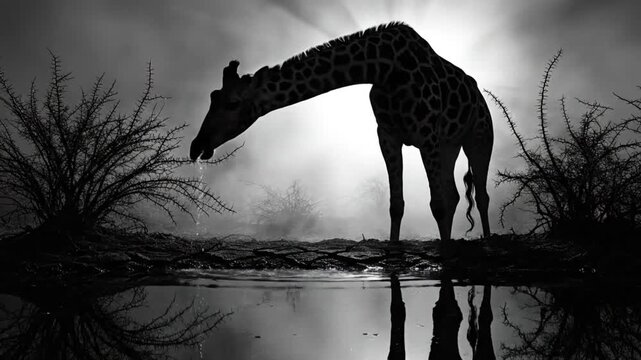 Black and white silhouette of a graceful giraffe drinking water from a reflective pond during a misty sunrise