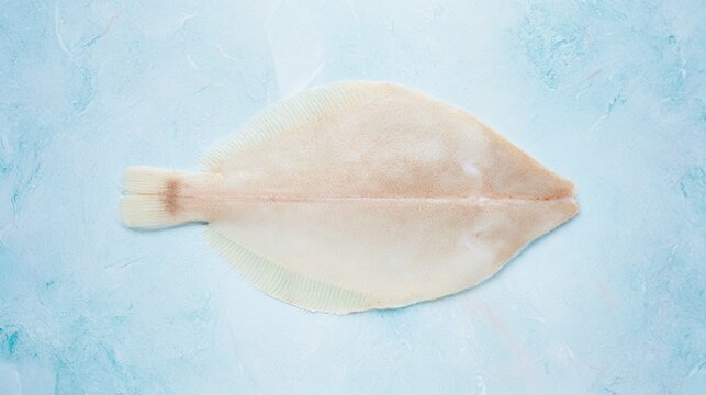 Fresh European flounder fillet on light blue backdrop