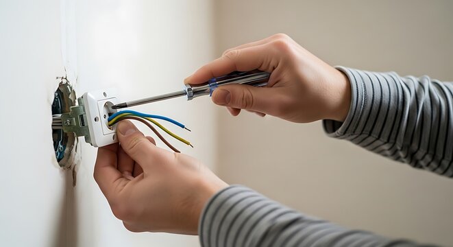A person installing an electrical outlet with a screwdriver and wires.