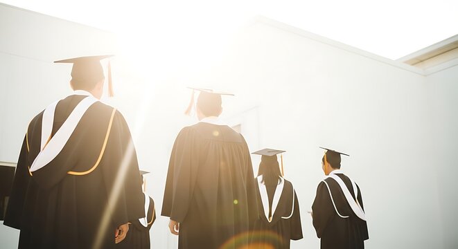 Four graduates in black robes and caps stand together in a bright room
