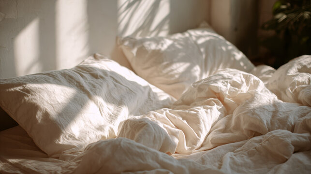A corner of a messy but aesthetic bed with crumpled white linen sheets and ivory cotton duvet, soft warm sunlight streaming through a window, airy and bright, neutral tones