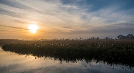 Obraz premium Sunrise over a misty lake with reeds in the foreground, creating a serene and peaceful landscape atmosphere in the early morning