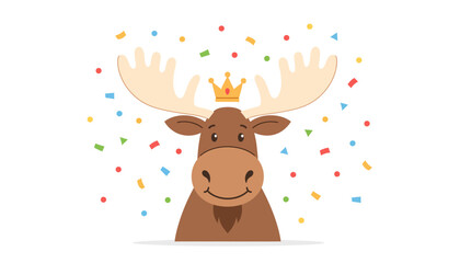 Naklejka premium Moose with Crown Cute Animal Illustration Festive Confetti