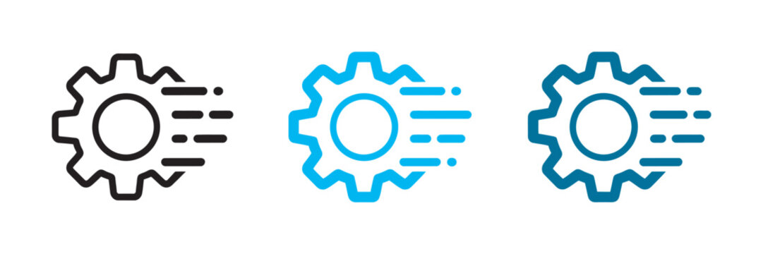 Settings gear icon, motion lines system optimization automation speed performance configuration web UI interface design transparent PNG vector set