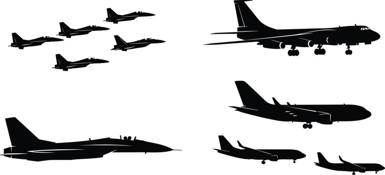 Aircraft silhouettes collection featuring military fighter jets and commercial airplanes in flight for aviation design use