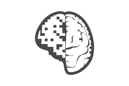 Minimalist pixel art human brain silhouette in black and white for medical and cognitive design