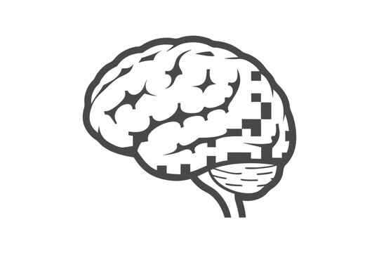 Simple black and white pixel human brain outline graphic for neuroscience and logic design projects
