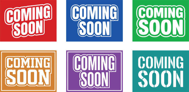Coming soon colorful banners signs set for announcement  web page or store promotion