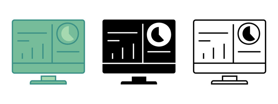 Three diverse icons of a computer screen displaying financial data charts and graphs for business analytics and investment tracking concepts