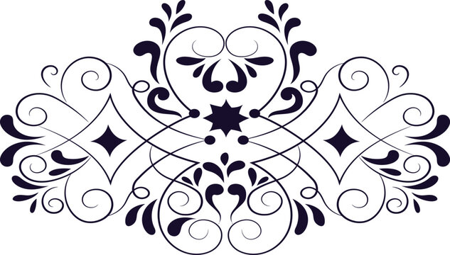 Symmetrical dark blue floral ornament with swirling filigree lines diamond shapes and a central star motif on a white background