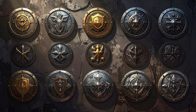 Array of ornate fantasy faction tokens made from hammered metal with distinct insignias arranged on a textured stone surface to represent various guilds and legendary warrior houses.