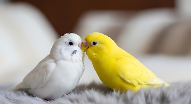 Two colorful parakeets, a white and a yellow one, gently touching beaks on a soft, fuzzy surface.