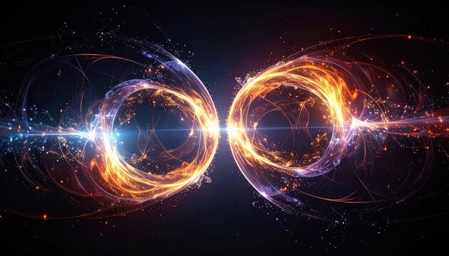 Two glowing quantum particles locked in a symmetrical state of entangled energy display, representing the fascinating complexity of subatomic physics and cosmic motion in space.
