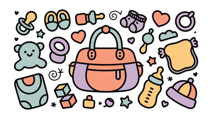 Fototapeta premium Essentials of Parenthood: An adorable collection of baby essentials, from a charming diaper bag to a comforting pacifier, perfectly arranged for showcasing the tenderness of newborn