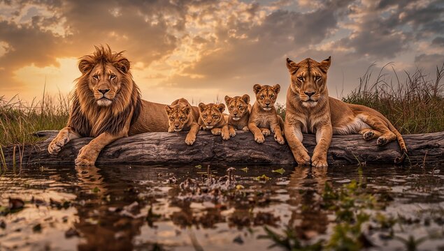 Family lioness four cubs, fam&iacute;lia, le&atilde;o, savana