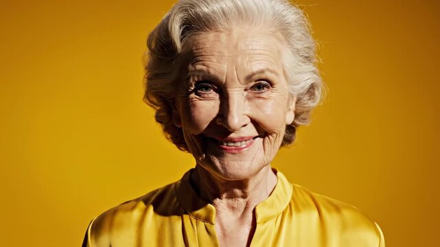 This features a close-up portrait of a calm senior woman with a warm smile set against a vibrant yellow studio background. Her gentle expression and soft features convey a sense of peace and serenity.