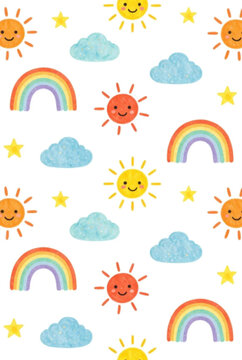 Cute Rainbow and Clouds Seamless Kids Pattern Background.