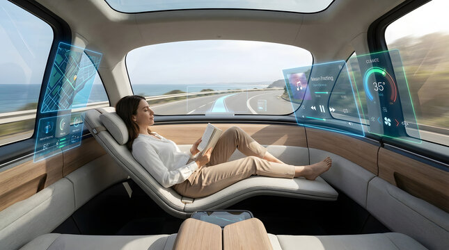 Futuristic autonomous vehicle interior offering a relaxing and immersive passenger experience with advanced technology and panoramic views