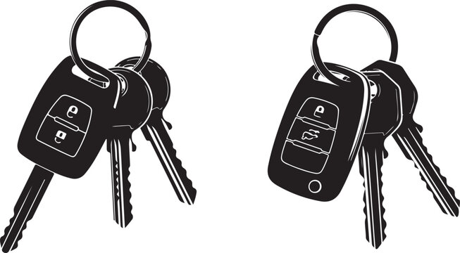 A collection of modern car keys including a key fob is presented in a stark black silhouette. Car keys vector illustration.