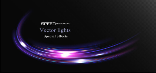 Plakat Glowing curved light trail with purple and blue tones creating a sense of speed and motion. Smooth dynamic flow with luminous streaks on transparent background. 