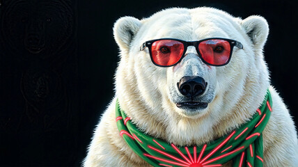 Fototapeta premium Cool polar bear wearing red sunglasses and a colorful scarf portrait