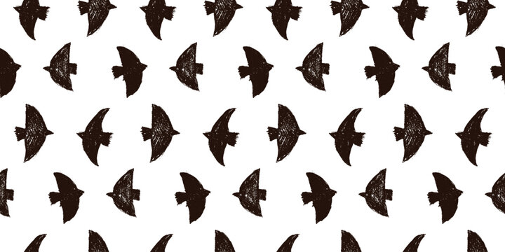 Bird silhouette crayon seamless pattern with flying charcoal shapes for print. Cute scribble bird in a seamless vector repeat on white. Hand drawn naive doodle pattern for fabric and textile design.