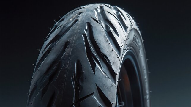Close-up of a new motorcycle tire tread with sharp grooves and rubber sprue details