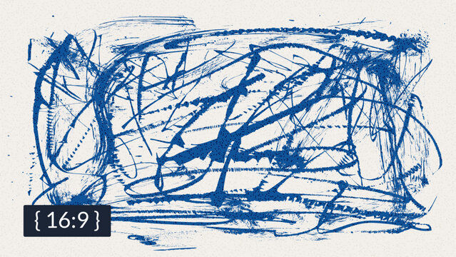 Brush blue ink scribble on grainy sand texture for creative template. Blue paint stroke pattern with chaotic brush marks and grunge lines. Abstract vector background with urban street grain effect.