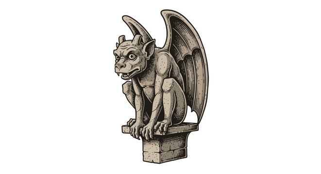 A stone gargoyle sits perched on a ledge with wings spread wide