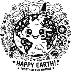 Obraz premium Together for nature concept with kawaii globe and wildlife circle illustration.