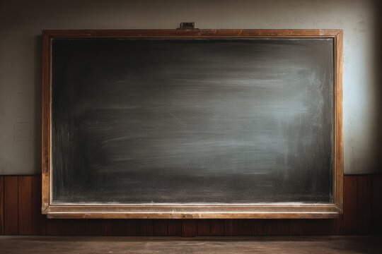 Photographic image of an empty chalkboard featuring textured surface and faint dust