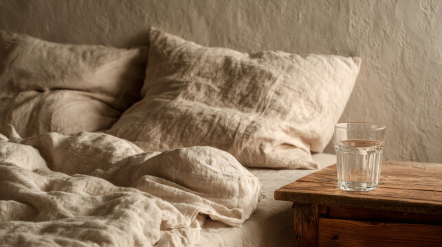An unmade bed with light beige linen bedding, a simple wooden bedside table with a glass of water, soft morning haze lighting, monochromatic cream aesthetic
