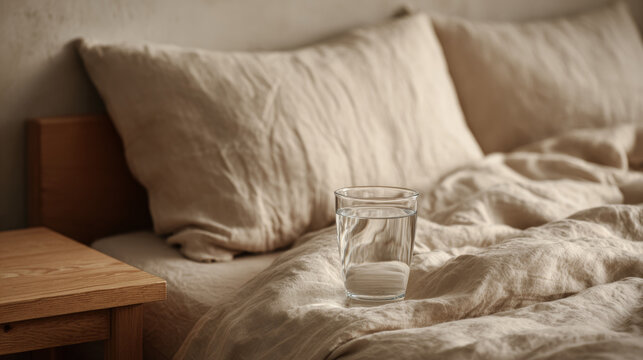 An unmade bed with light beige linen bedding, a simple wooden bedside table with a glass of water, soft morning haze lighting, monochromatic cream aesthetic