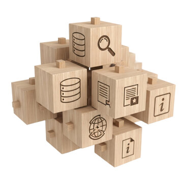 Stacked wooden blocks with numbers and letters forming a tower isolated on transparent background, illustration