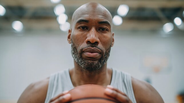 Bald African American man with beard holding basketball in gym
