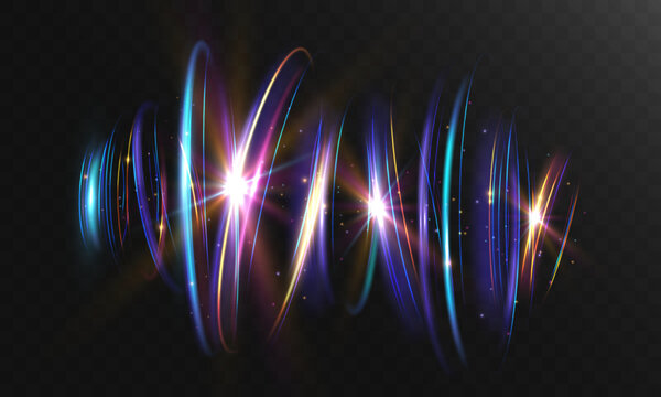 Colorful light waves forming dynamic sinus curves with bright flares. Smooth glowing lines create energy flow and motion effect on transparent background.
