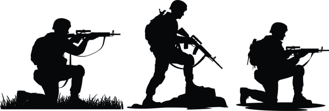Army troops aiming weapons in tactical stances black silhouette battlefield illustration set
