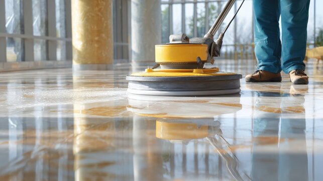 Stunning photo of Industrial floor buffer machine cleaning a marble lobby floor