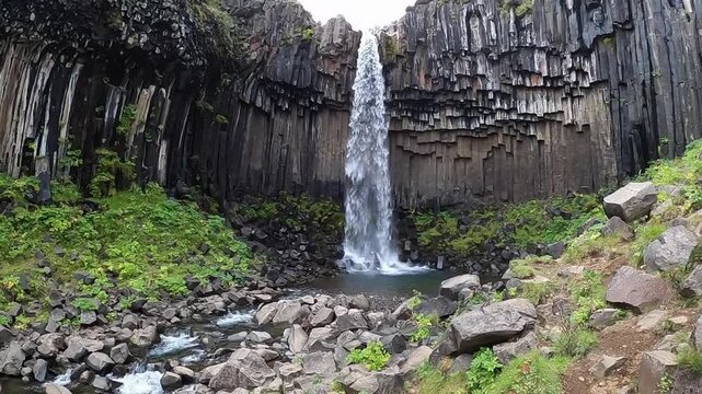 Majestic Svartifoss waterfall with black basalt columns in Skaftafell, Iceland