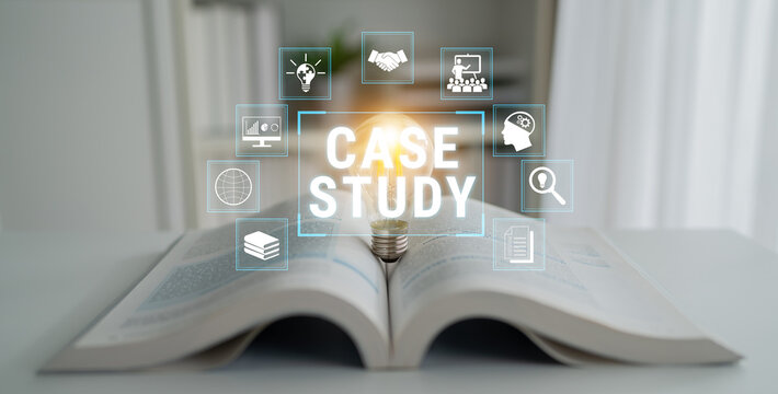 Light Bulb Symbolizing Innovation Above Open Book with Case Study Icons Representing Education and Business Solutions for Online Learning and Research Fluxor.