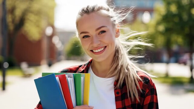 This shows a young college student smiling and holding a stack of colorful notebooks on a sunny campus. She appears happy and carefree, surrounded by trees and buildings in the background.