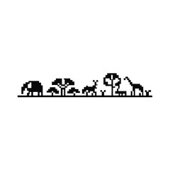 Retro Game Style Pixel Art Jungle Landscape in Monochrome Black and White Tones © SWORNALY