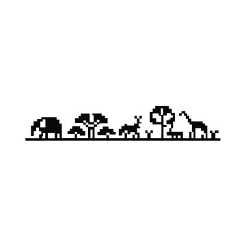 Retro Game Style Pixel Art Jungle Landscape in Monochrome Black and White Tones