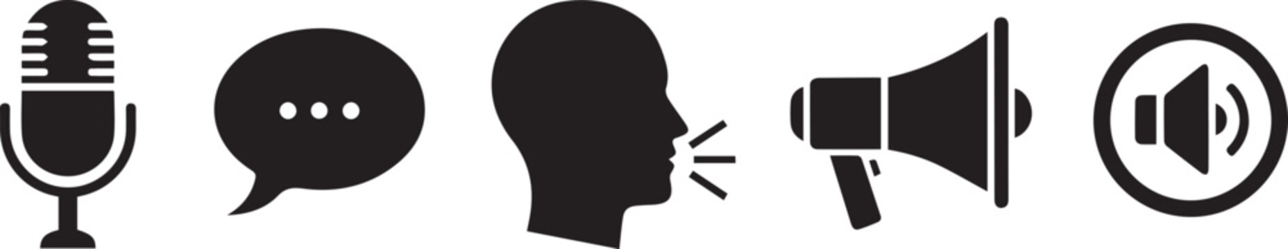 Public speaking and communication icons set with microphone, megaphone, and speech bubble.